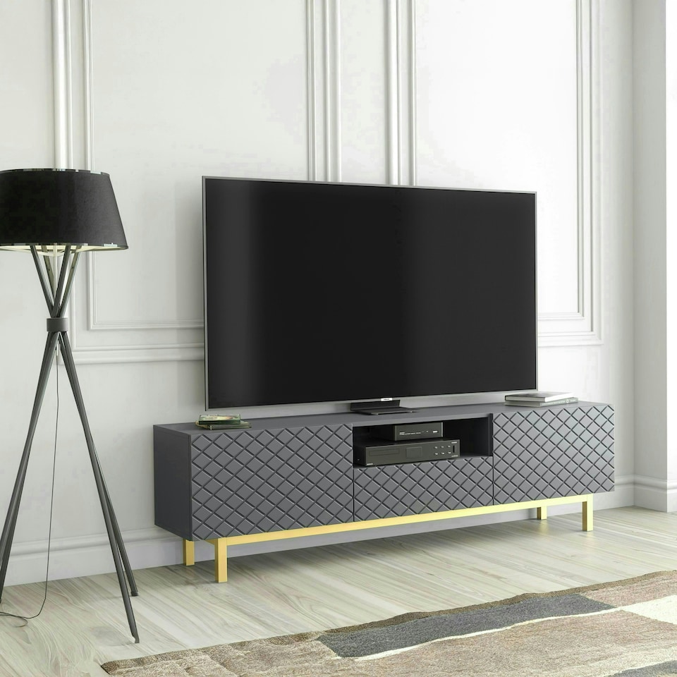 image 1 of Grey TV Unit 180cm Diamond Fronts Gold Legs Modern Media Cabinet | Grey | One Size | 1