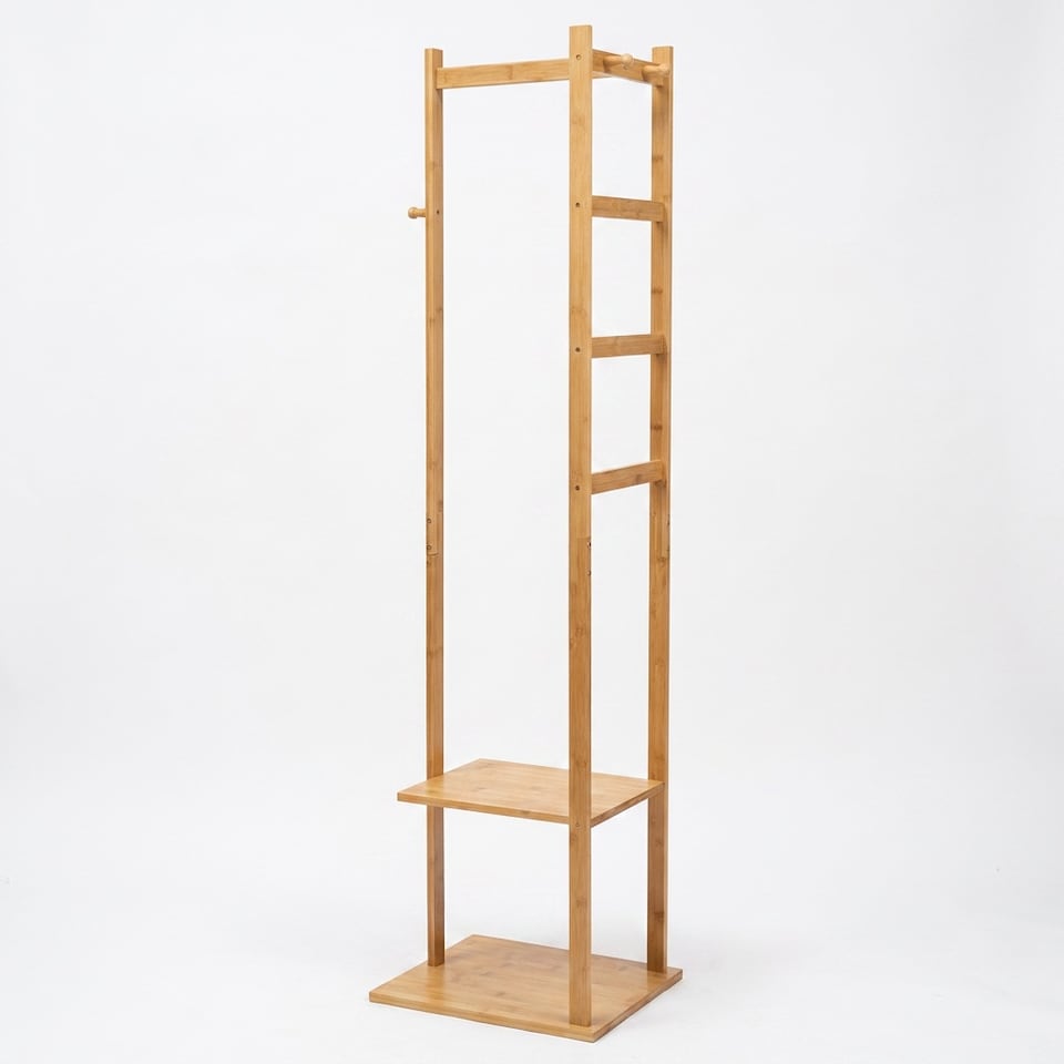 image 1 of Narrow Wooden Clothes Rail With 2 Shelves Brown | One Size