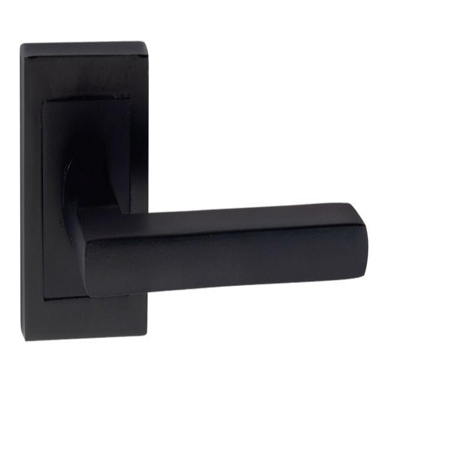 image 1 of Golden Grace Leon Design Straight Door Handles on Square Rose in Matt Black Finish with 64mm 3 Lever Mortise Lock and Key Hole Black
