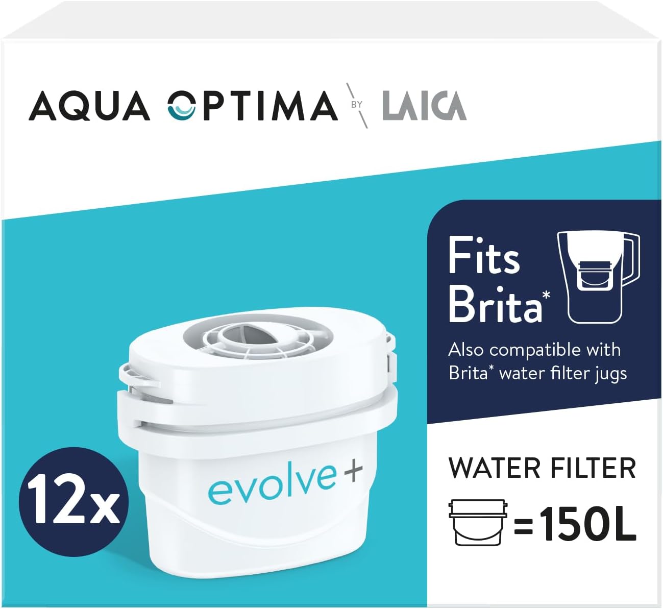 Evolve Water Filter Cartridges 12 Pack - Fits Brita Jugs & Alternative for Maxtra Filters - Aqua Optima by LAICA