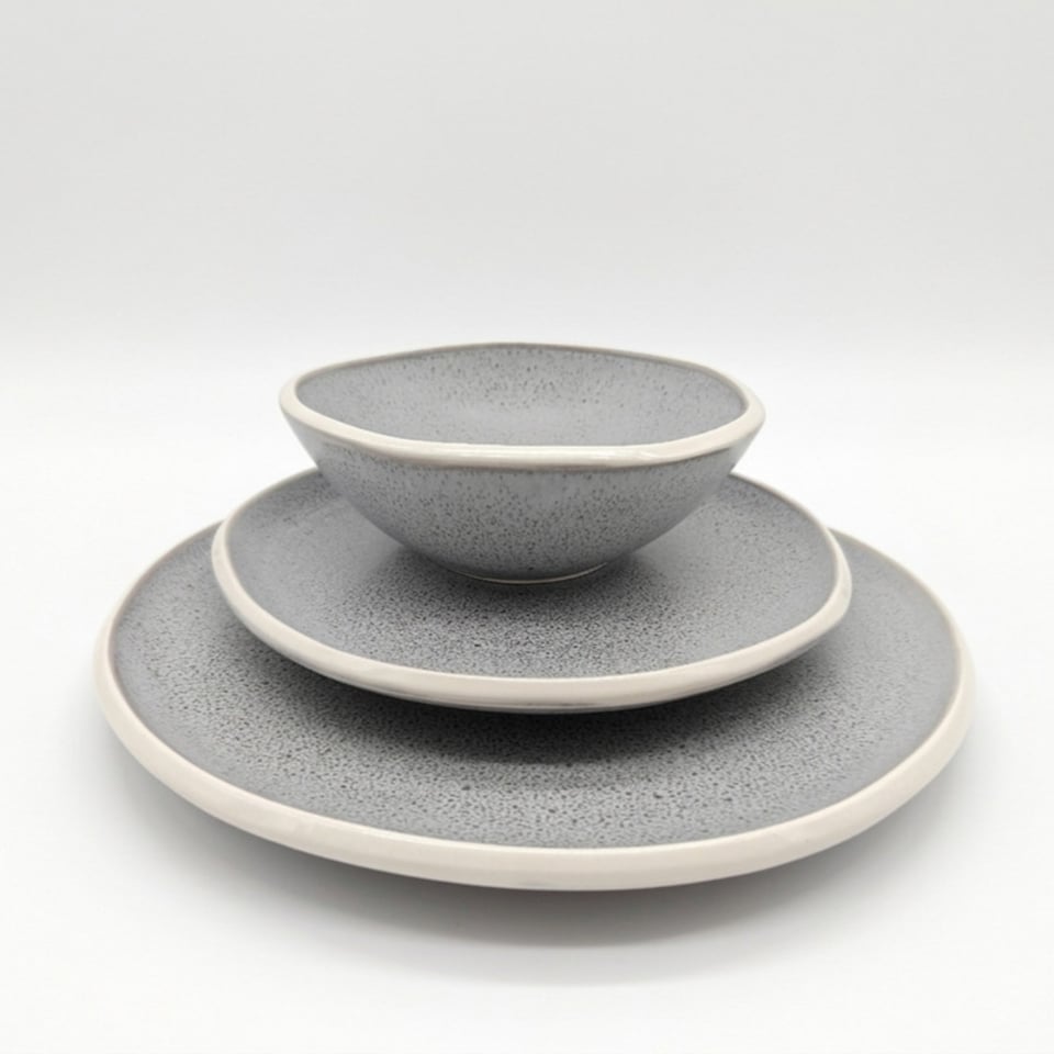 image 1 of Reactive Grey Glaze Dinner Set Nordic Pebble Plates & Bowls 18pc Set