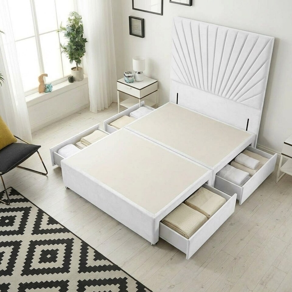 image 1 of Sunburst Divan Bed with 4 Drawers & 54'' Floor Standing Headboard Plush Velvet | White | White