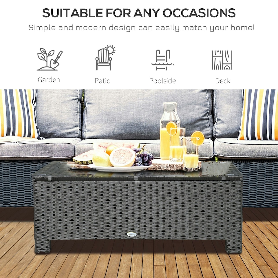 image 1 of Outsunny Garden Rattan Side Table,Wicker Coffee Desk, Glass Top, Black