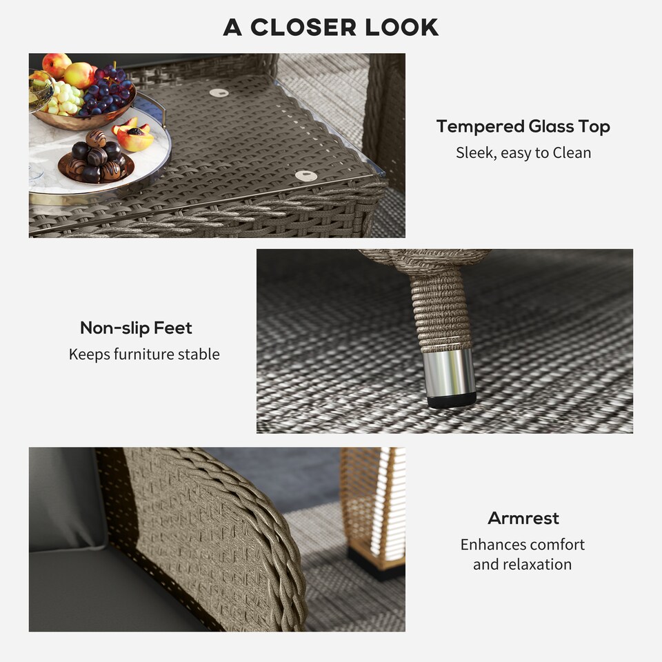 image 1 of Outsunny 4 Pieces Outdoor PE Rattan Garden Furniture with Cushions, Patio Special Hand Weave Wicker Conservatory Sofa Set with Glass Top Coffee Table, Light Grey | Grey | Four Seater