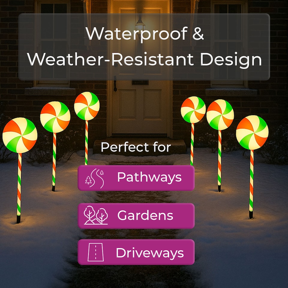 image 1 of Neo Large 50cm Candy Cane Lolly Lollipop Christmas Remote Solar and Battery Powered Lights 6 Pack LED Path Stakes Timer 8 Modes Timer Outdoor Décor