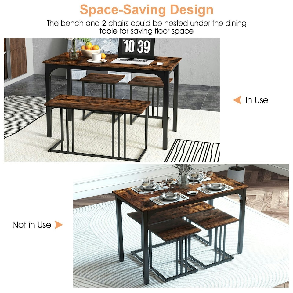 image 1 of COSTWAY 4-Piece Dining Table Set W/ Bench & 2 Stools Brown