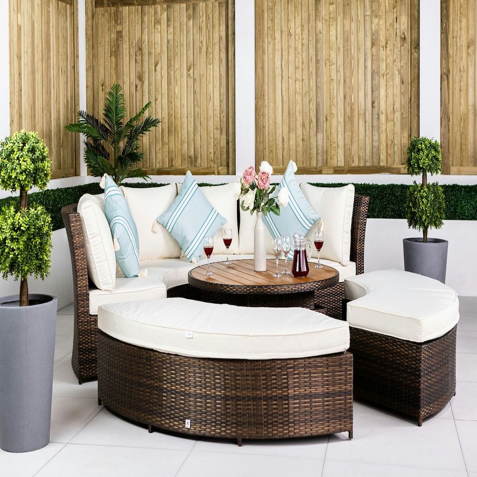 image 1 of GIardino 3-in-1 Rattan Garden Sofa Daybed Set Water Resistant Assembled Brown | Ivory