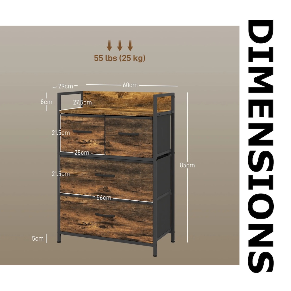 image 1 of Industrial 4 Fabric Drawer Chest Storage Unit With Shelftop Rustic