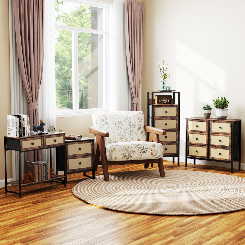 image 1 of HOMCOM Bedside Table, Side Table with 2 Rattan Drawers, Bedside Cabinet with Storage and Steel Legs for Bedroom, Living Room, Rustic Brown