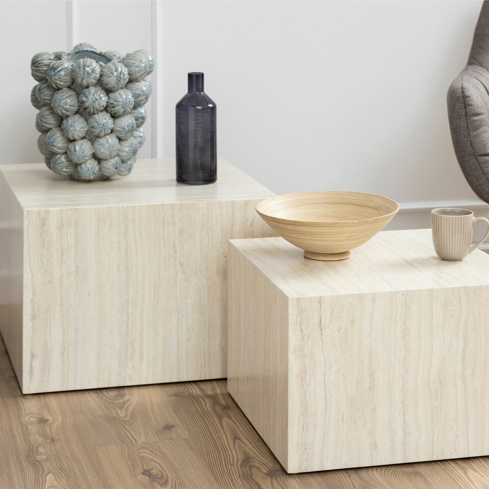 image 1 of Dice Square Coffee Table Set in Light Travertine Effect