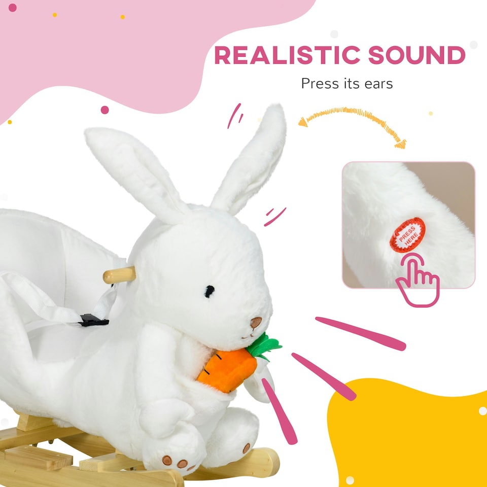 image 1 of HOMCOM Kids Rabbit-Shaped Rocking Horse w/ Realistic Sounds, Safety Belt - White