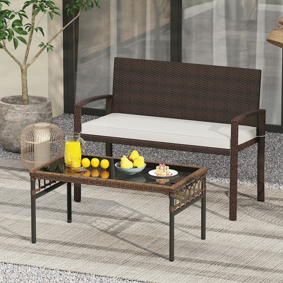 image 1 of COSTWAY Patio Rattan Loveseat Garden Wicker 2-Seat Bench White