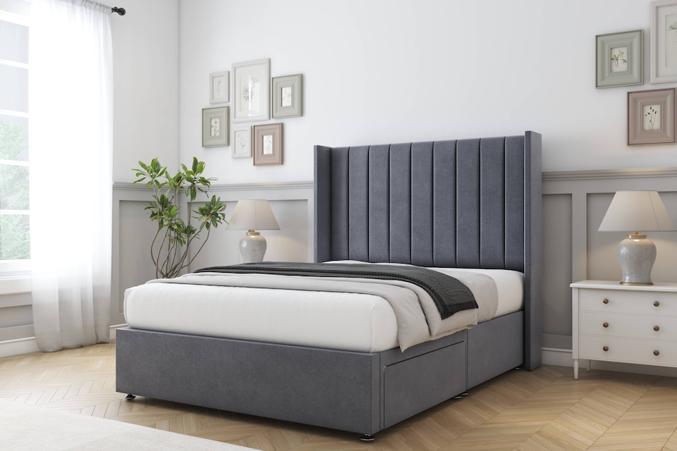 image 1 of Sloomy Falcon Steel Plush Divan Bed With Mattress No Drawers With 54" Wingback Headboard 4' Small Double | Grey | Steel | Small Double | 1