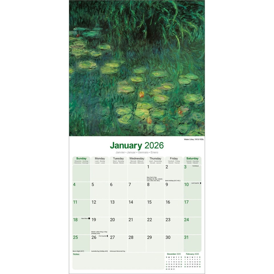 image 1 of Monet 2026 Calendar | Square Wall Calendar | Art & Artist Gift | Plastic Free Packaging | by Avonside Publishing