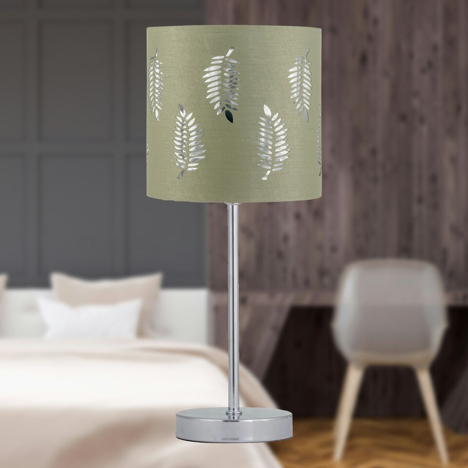 image 1 of Set of 2 Chrome Stick Table Lamps with Sage Green Fern Shades Chrome | Green