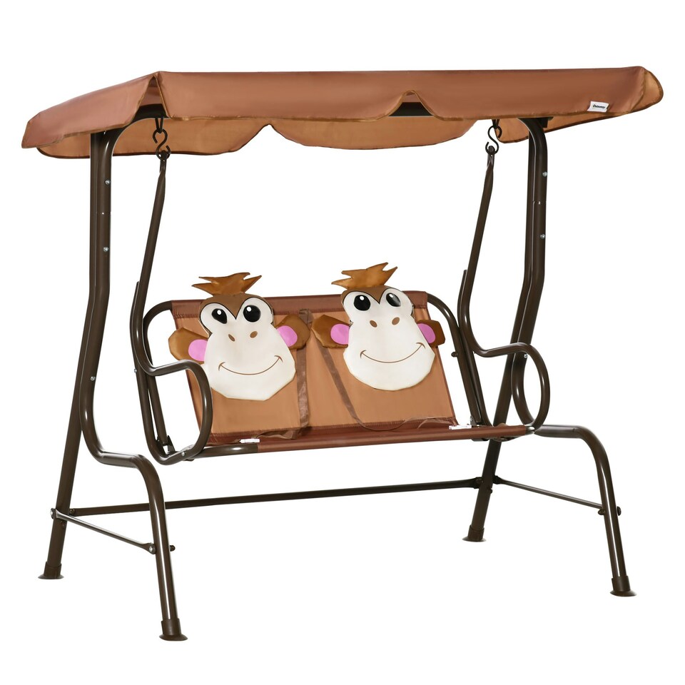 image 1 of Outsunny 2 Seat Kids Canopy Swing Chair w/ Adjustable Awning, Seatbelt - Brown