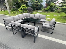 Fimous Aluminum Outdoor Garden Furniture Corner Sofa 3 Arm Chair Adjustable Rising Lifting Dining Table Set Dark Grey 10 Seater