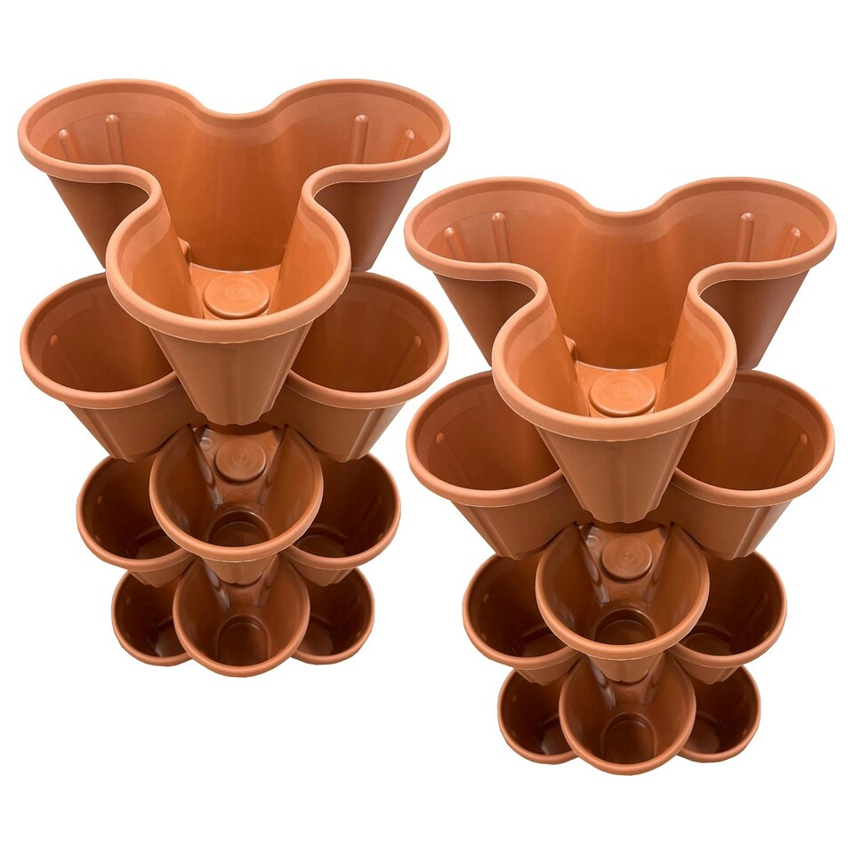 image 1 of Set Of 6 Terracotta (Trio 3 Pot) Stackable Interconnecting Outdoor Strawberry Garden Plant Pots Perfect For Patios Brown
