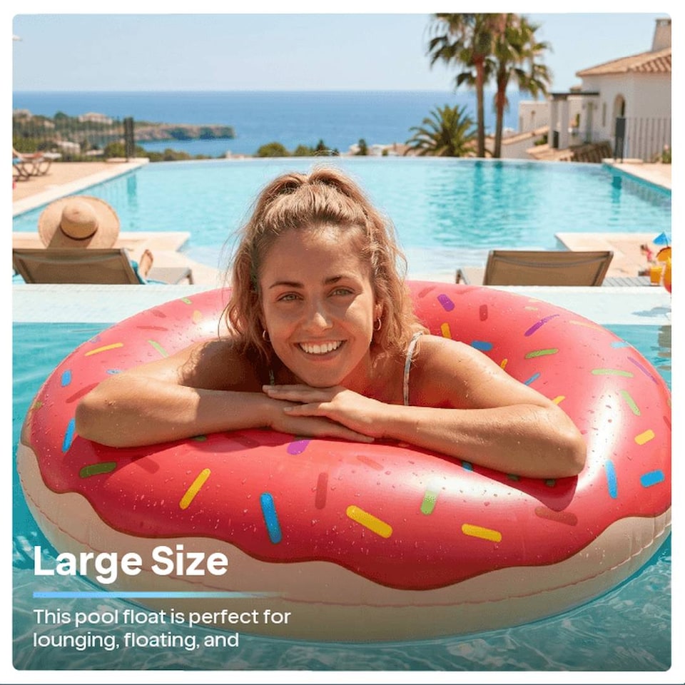 image 1 of Inflatable Pink Doughnut - 42 inches/107cm Donut with Pink Icing Design - Adults Kids Boys Girls Fun Summer Activity Pool Party Beach Day Swimming Toy Float