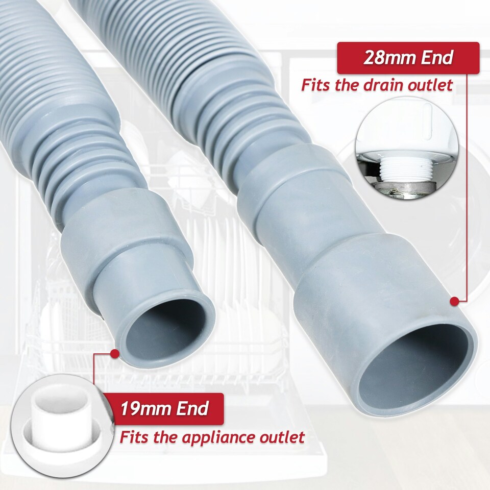image 1 of SPARES2GO Drain Hose Extension Kit 2m Washing Machine Dishwasher Waste Water Outlet Pipe (19mm / 28mm Ends)