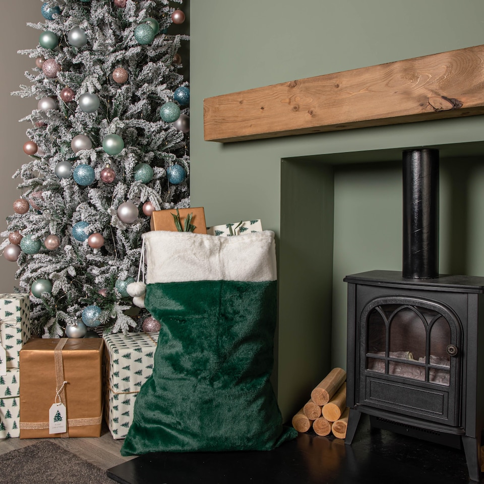 image 1 of 80x55cm Green Christmas Sack with White Cuff and Pom Poms