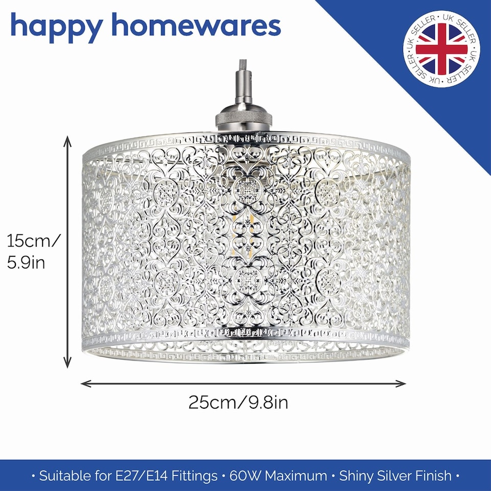 image 1 of Ornate Moroccan Style Decorated Shiny Silver Metal Pendant Shade 25cm x 15cm | Silver | Silver | 1