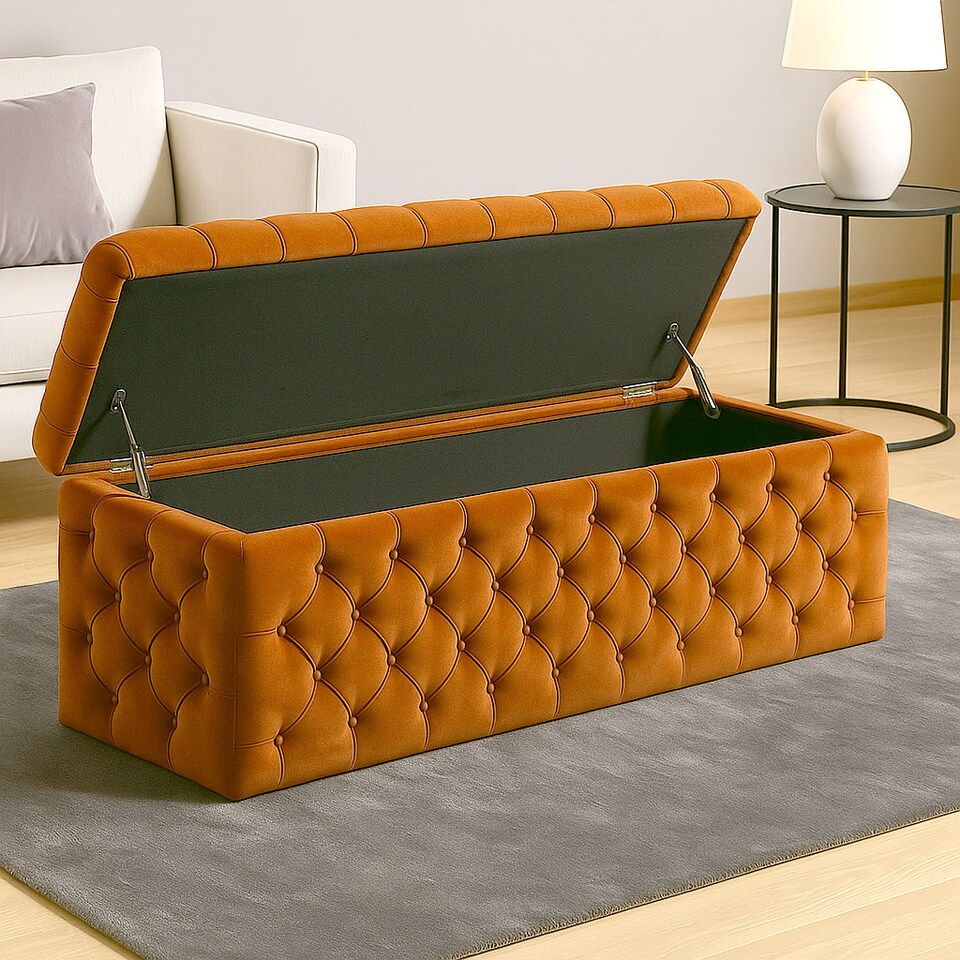 image 1 of 90cm Wide Lux Ottoman Storage Box, Burnt Orange Velvet Upholstered Chesterfield Storage Ottoman Box