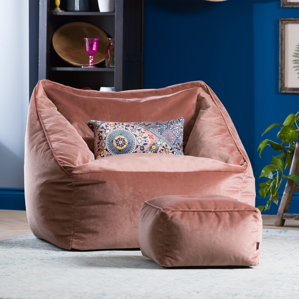 image 1 of Natalia Velvet Adults Bean Bag Armchair and Pouffe, Ready Filled Large Beanbag and Footstool Dusk Pink | Pink | Dusk Pink | XL | 2