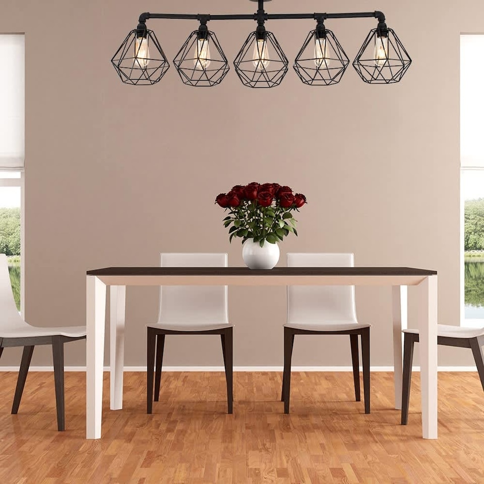 image 1 of ValueLights Luiggi 5 Way Black Ceiling Bar Diablo Black Wire Shades and Bulbs
