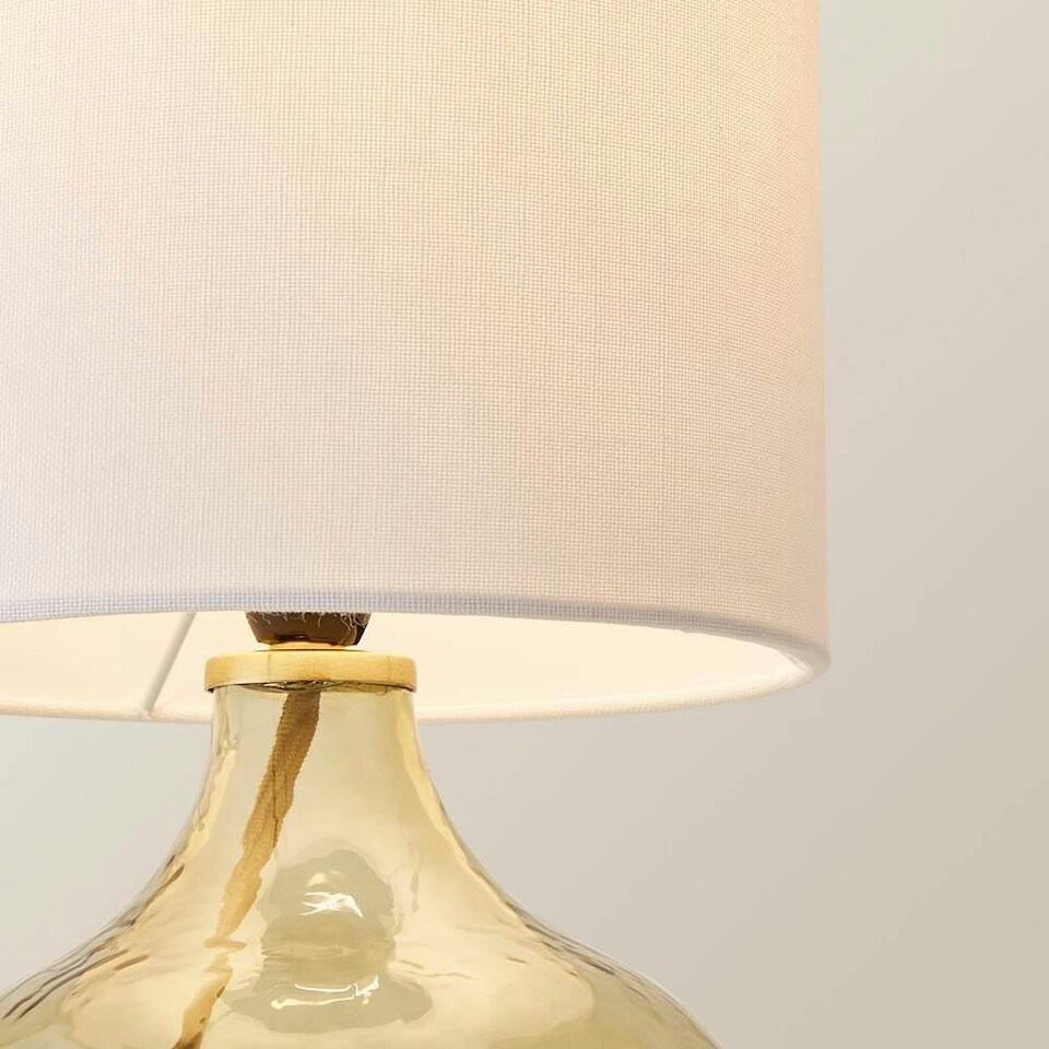image 1 of ValueLights Emily Natural Linen Drum Shade Dark Green Glass Teardrop Table Lamp Green