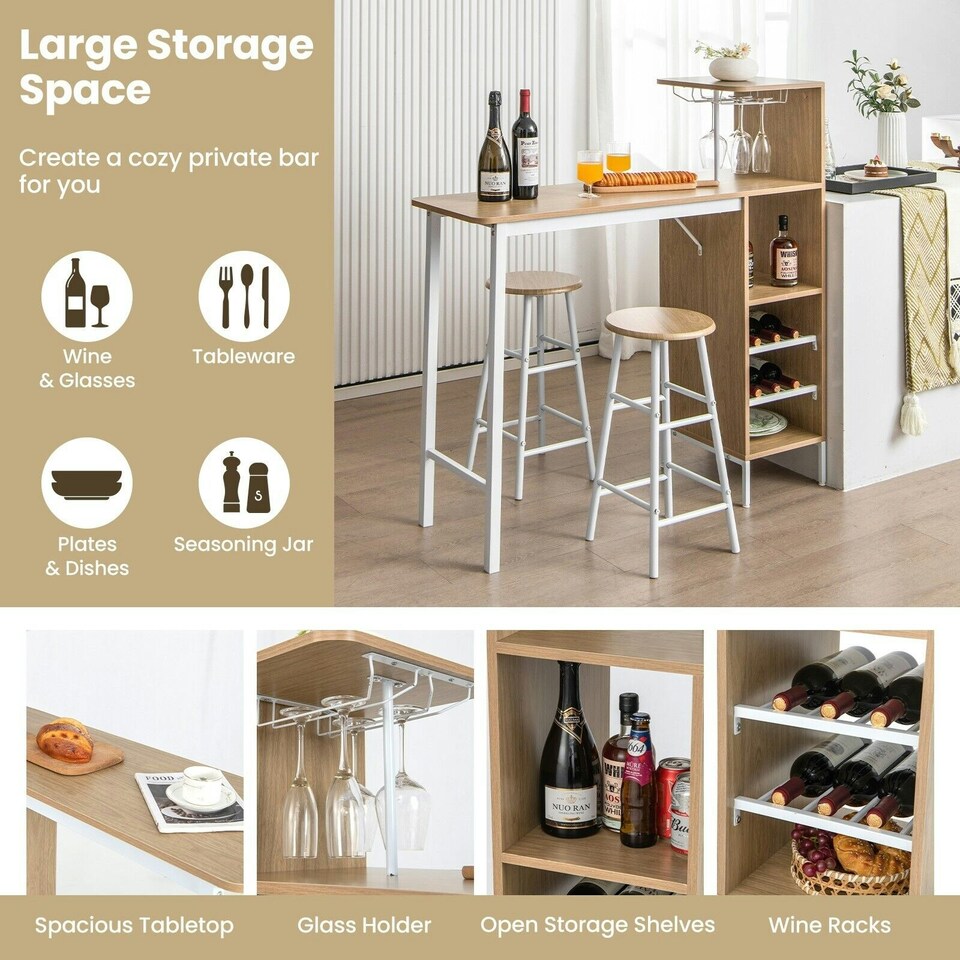 image 1 of COSTWAY 3PCS Bar Table & 2 Stool Dining Set Natural N/A