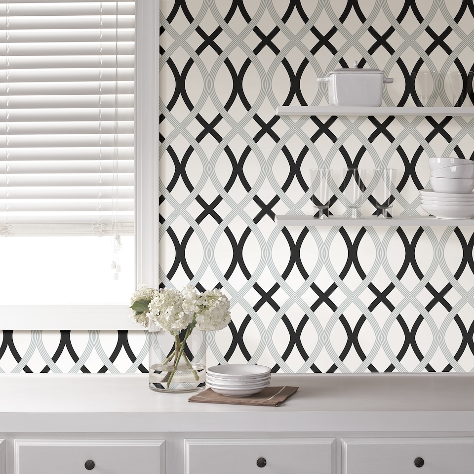 image 1 of NuWallpaper NU1658 Lattice Peel & Stick Wallpaper, Black & Silver | White | Black & Silver | 2.86m² | 1