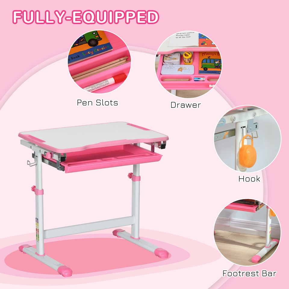image 1 of HOMCOM Kids Desk and Chair Set Adjustable Tiltable with Drawer Pen Slot Hook | Pink