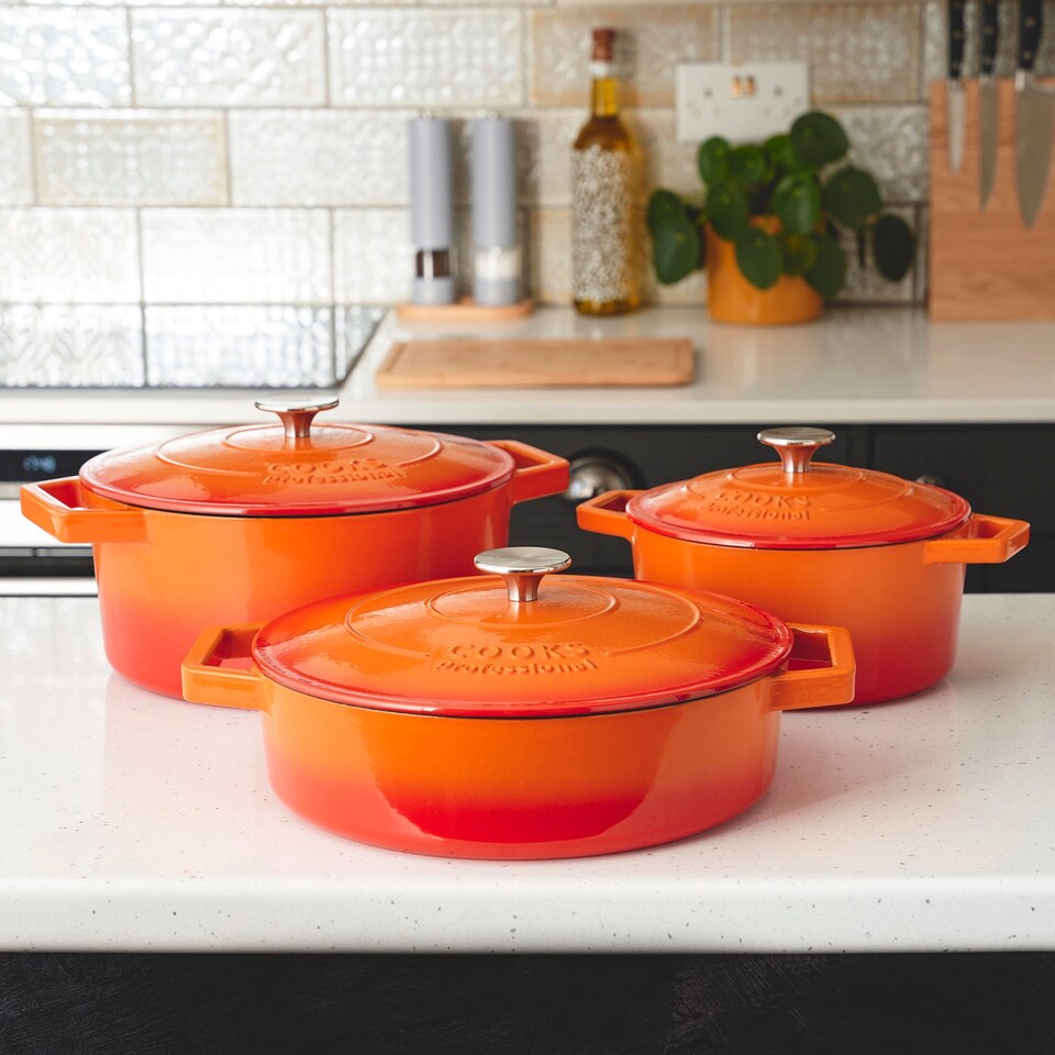image 1 of Cooks Professional Set of 3 Cast Iron Casserole Dishes 20, 26 & 28cm | Orange | Orange