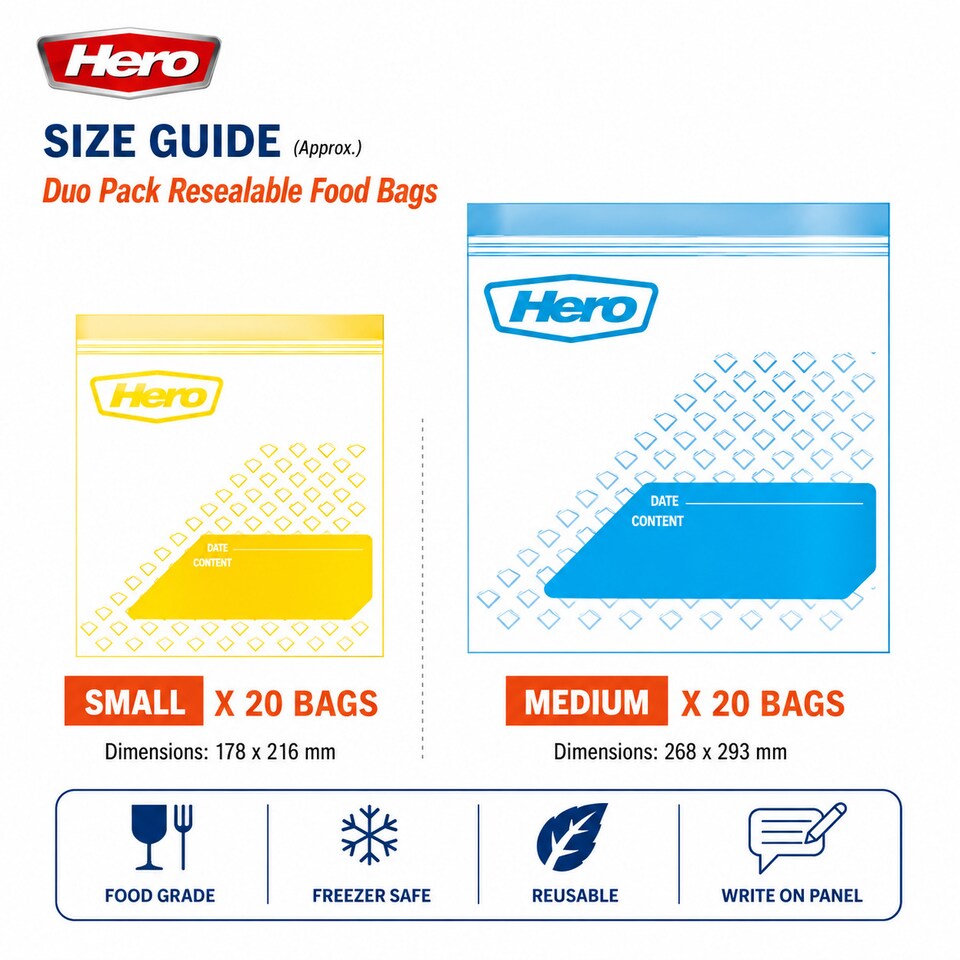 image 1 of Hero Resealable Food & Freezer Bags Duo Pack 40 Pack – 20 Small & 20 Medium Reusable Ziplock Food Storage Bags