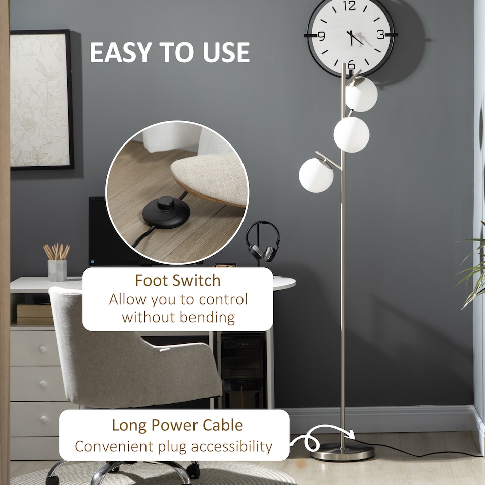 image 1 of HOMCOM 3Light Tree Floor Lamps for Living Room, Modern Standing Lamp for Bedroom with Globe Lampshade, Steel Base, Bulb not Included, Silver Tone
