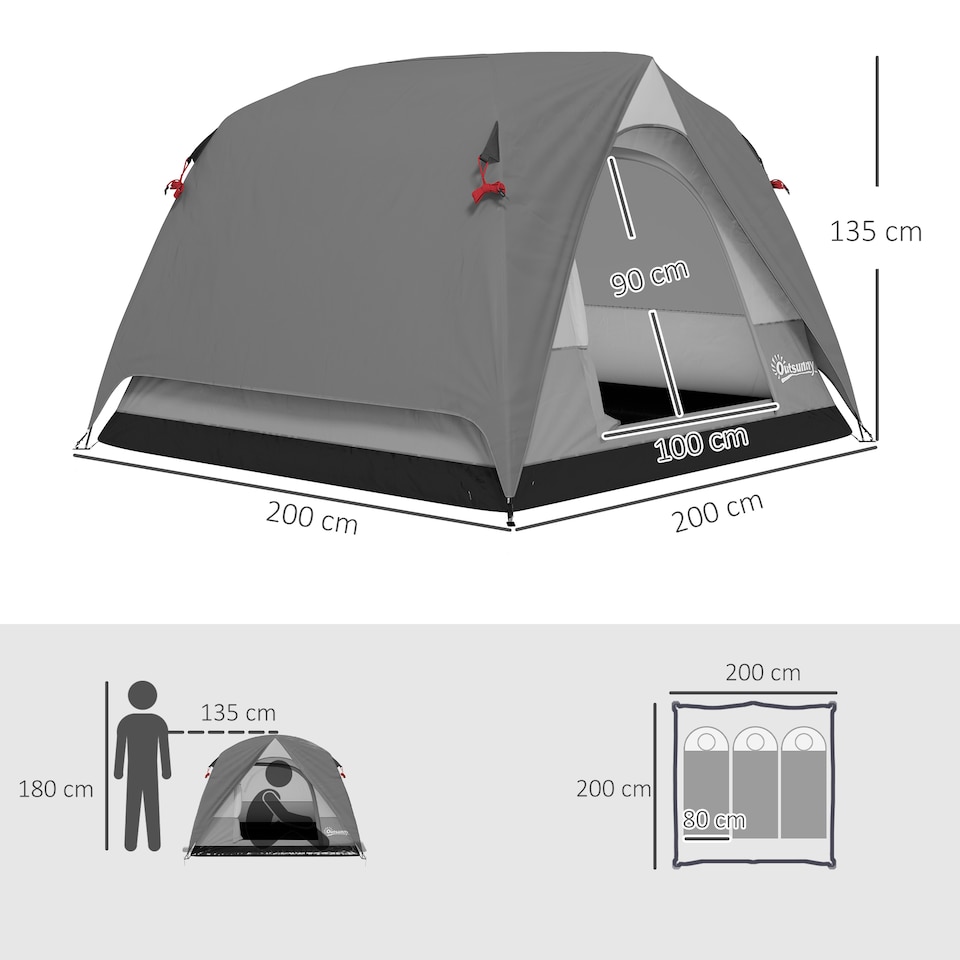 image 1 of Outsunny 3-4 Person Camping Tent Easy Set Up, Waterproof Tent, Dark Grey
