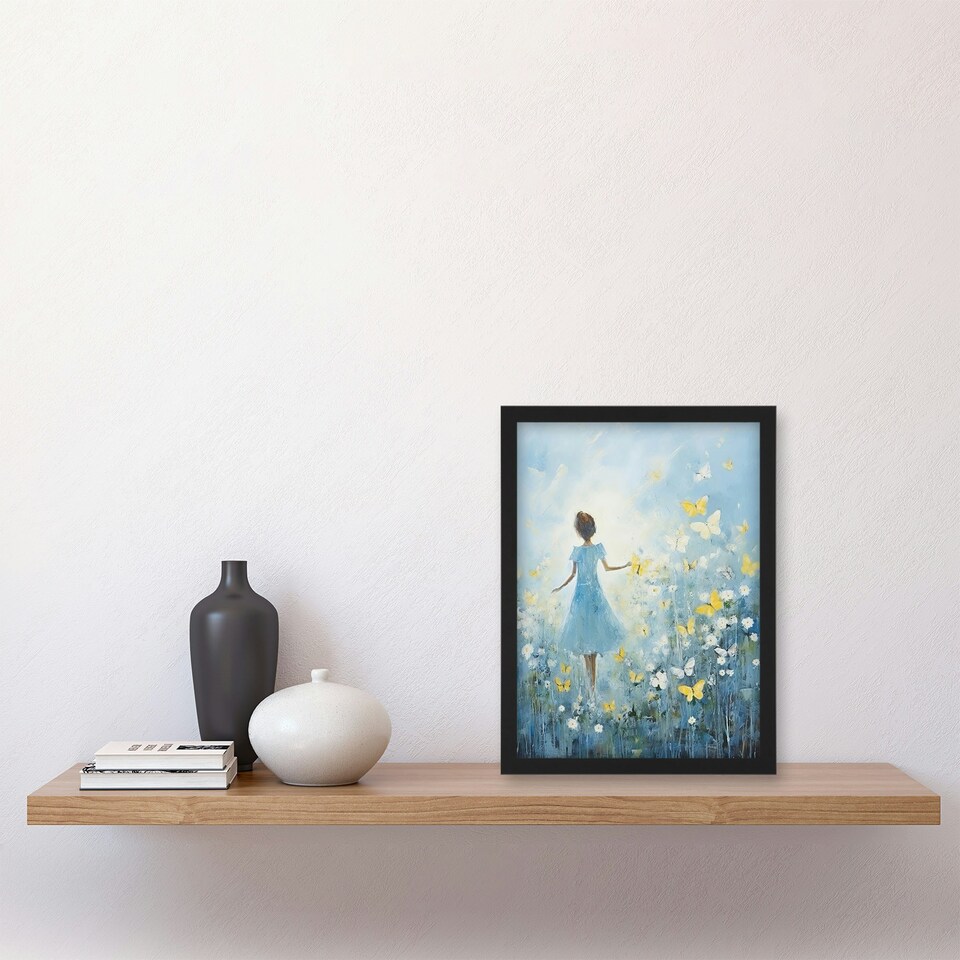 image 1 of Girl Wildflower Meadow Oil Soft Yellow Home Decor Black Framed Wall Art Print A4