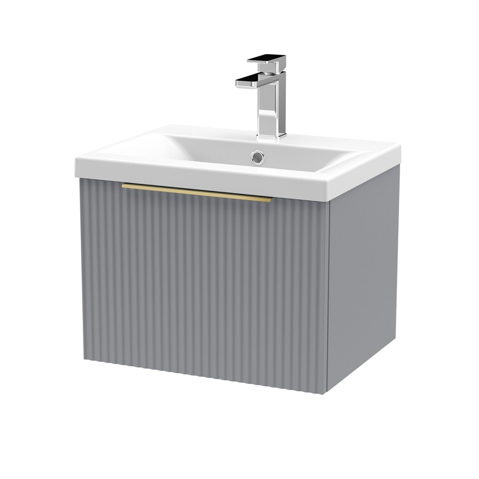 image 1 of Balterley Fluted Front Wall Hung Single Drawer Bathroom Vanity Unit with 1 Tap Hole Basin - Handles | Grey | Satin Grey