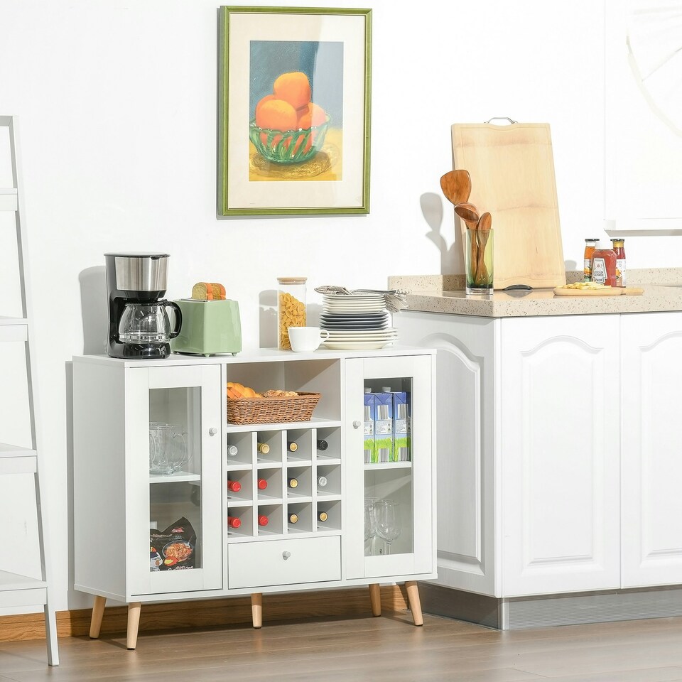 image 1 of HOMCOM Sideboard Cabinet Kitchen Cupboard with Glass Doors, Drawer & Wine Rack White | Natural wood legs