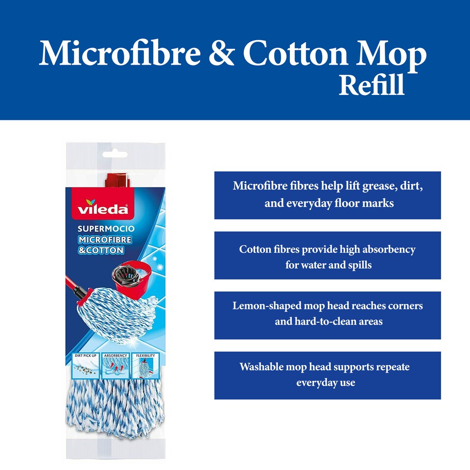 image 1 of Vileda Supermocio Microfiber Cotton Mop Refill Replacement Mop Heads for Corner Cleaning Machine Washable Pack of 2