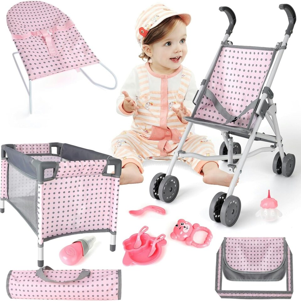 image 1 of 5-in-1 Baby Doll Accessories Play Set – Pink Stroller, Cot, Play Mat, Bouncer & Travel Bags Fits 12"–14" Dolls (Doll Not Included)