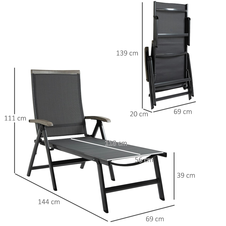 image 1 of Outsunny Outdoor Folding Sun Lounger w/ Adjustable Backrest and Aluminium Grey