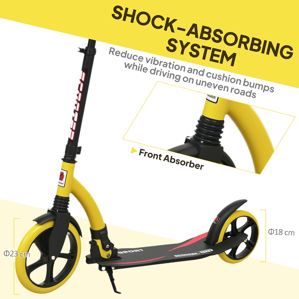 image 1 of HOMCOM Foldable Kick Scooter with Double Shock Absorption and Big Wheels, Height Adjustable Aluminium Frame Big Wheel Scooter for 14 older Teens Adult - Yellow | Yellow | Yellow | 92.5L x 37.5W x 82-97H cm