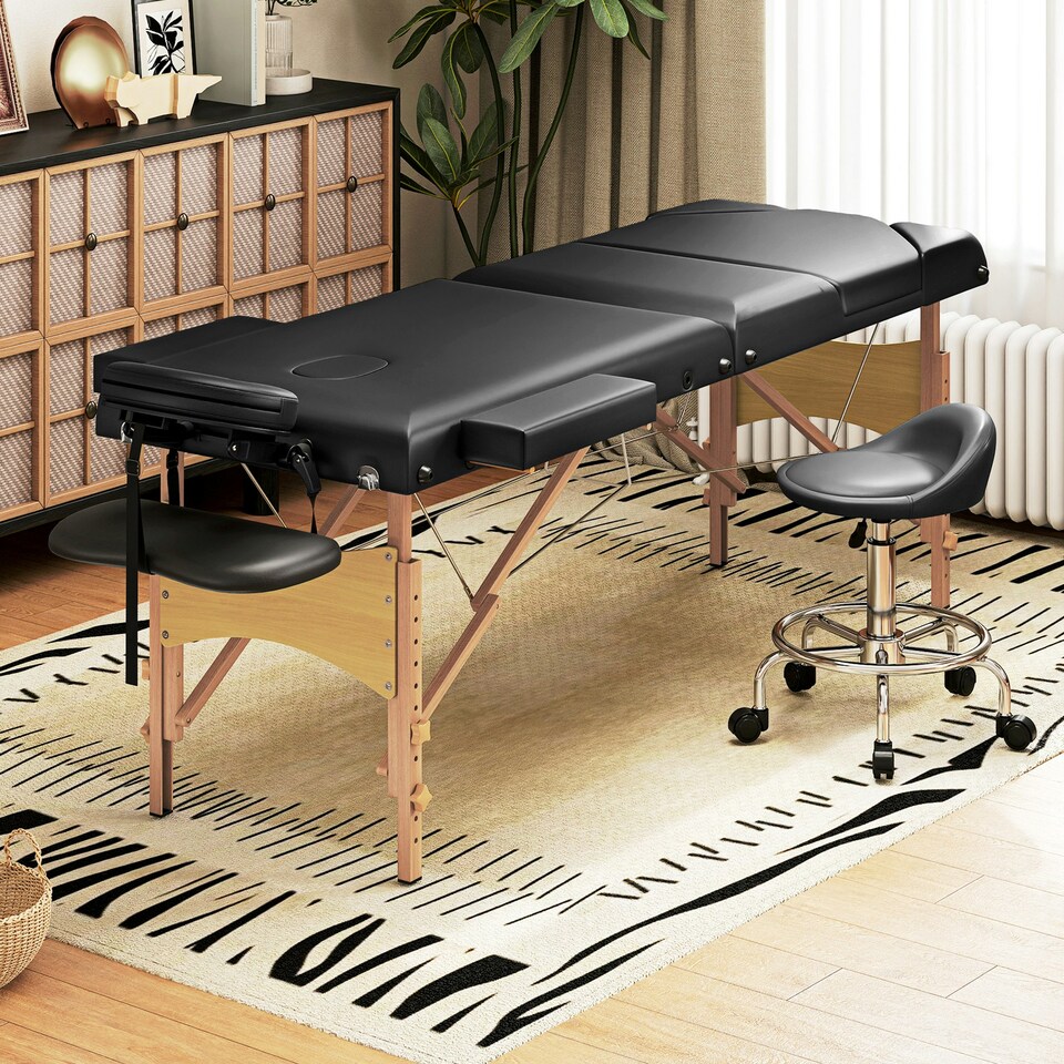 image 1 of HOMCOM Foldable Massage Bed with Beech Wood Legs Face Cradle Armrests Black Black | Natural Wood