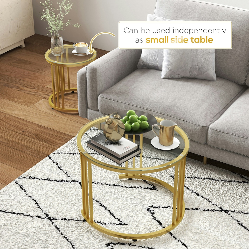 image 1 of HOMCOM 2 Pieces Round Nesting Coffee Tables with Tempered Glass Top, Gold Tone | Gold | 60x60x47