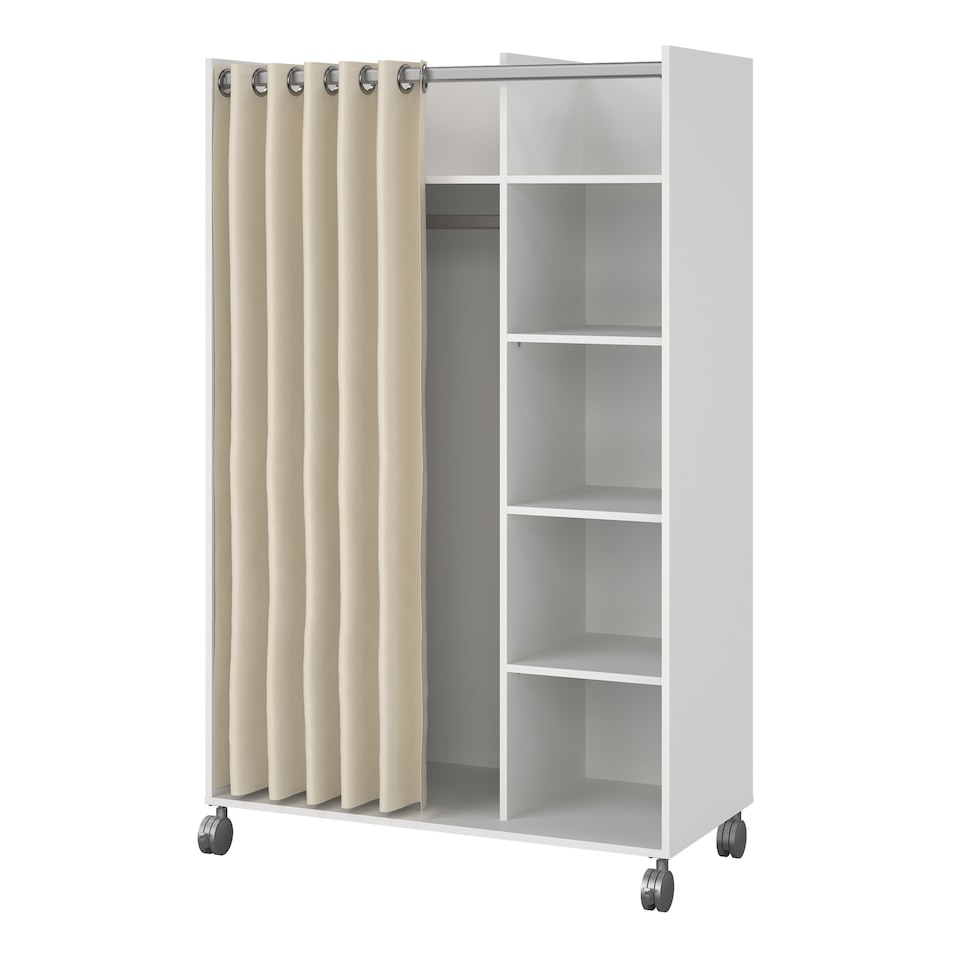 image 1 of Uppsala Open Mobile Wardrobe Unit in White with a Beige Textile Curtain on Wheels