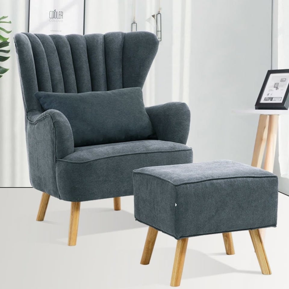 image 1 of Living and Home Faux Wool Upholstered Armchair and Footstool - Grey