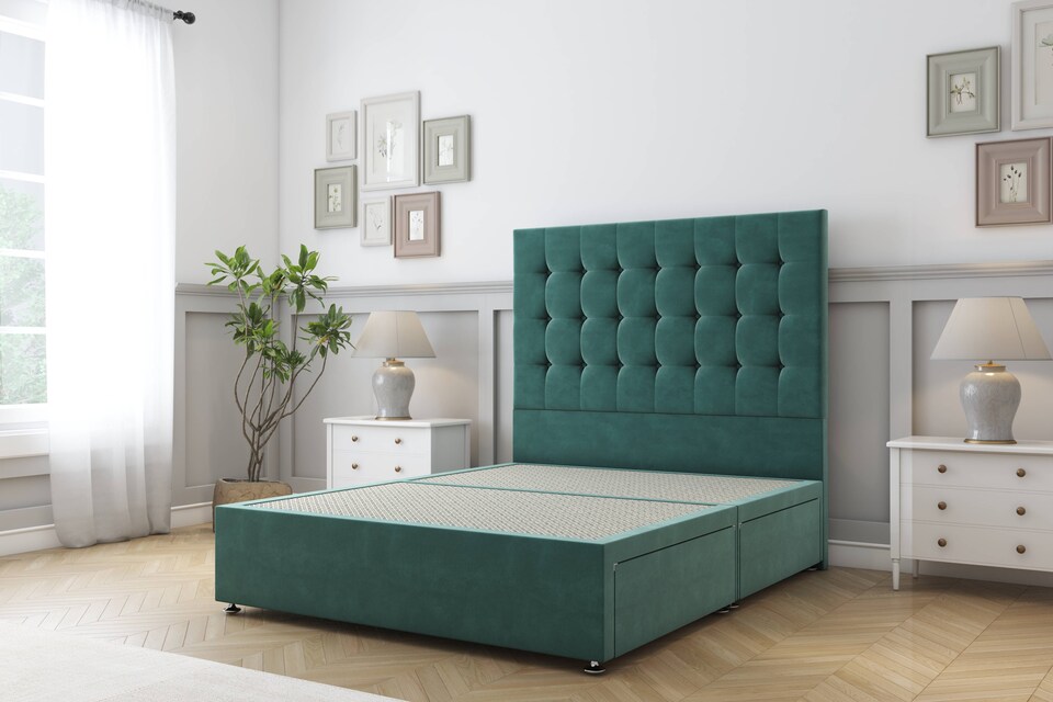 image 1 of Sloomy Alabama Emerald Plush Divan Bed Base 2 Drawers Foot-End With 26 Inch Strutted Headboard | Green | Emerald | Small Double | 1