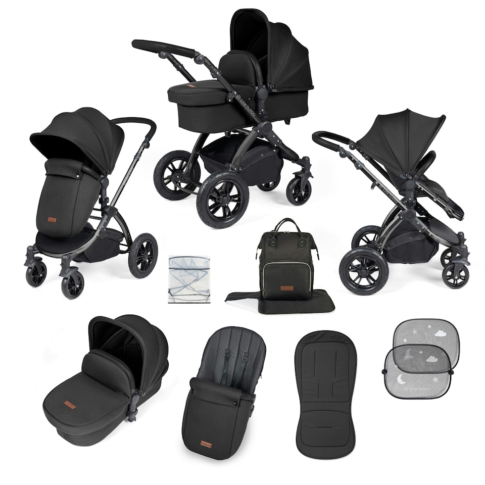 image 1 of Stomp Luxe 2-in-1 Pram – Birth to Approx. 4 Years, Foldable, All-Terrain, Rain Cover, Footmuff, Puncture-Proof Wheels & More (Black/Midnight/Black)